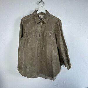 Michael Kors Womens Olive Green Gold Striped Long Sleeve Half Zip Blouse Large